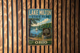 A vintage metal sign for Lake Milton State Park in Ohio, featuring a scenic landscape with a lake, trees, and a sailboat.