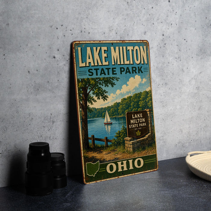 A vintage-style metal sign for Lake Milton State Park in Ohio, featuring a scenic illustration of a lake, trees, and a sailboat.
