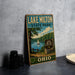 A vintage-style metal sign for Lake Milton State Park in Ohio, featuring a scenic illustration of a lake, trees, and a sailboat.