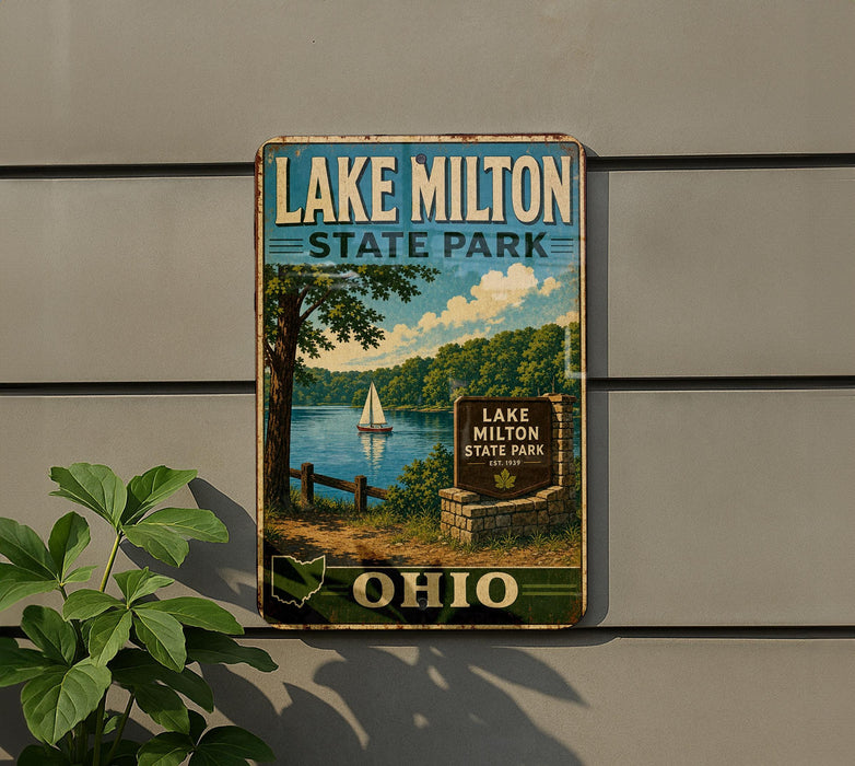 A vintage-style sign for Lake Milton State Park in Ohio, featuring a scenic image of a lake, a sailboat, and a forested area.