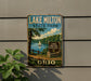 A vintage-style sign for Lake Milton State Park in Ohio, featuring a scenic image of a lake, a sailboat, and a forested area.