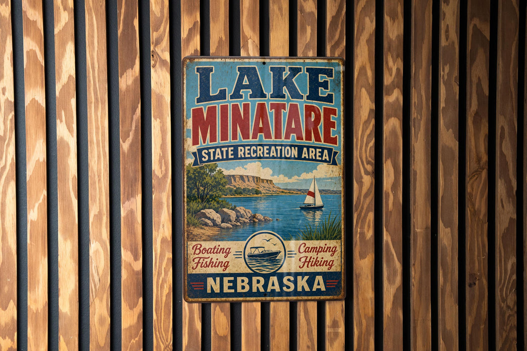 A vintage metal sign for Lake Minatare State Recreation Area in Nebraska, featuring a scenic image of a lake with a sailboat and mountains in the background.