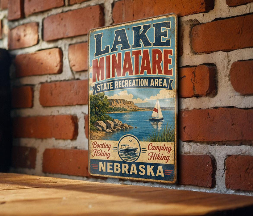 A vintage-style metal sign for Lake Minatare, a state recreation area in Nebraska, featuring a scenic illustration of a lake, mountains, and a sailboat.