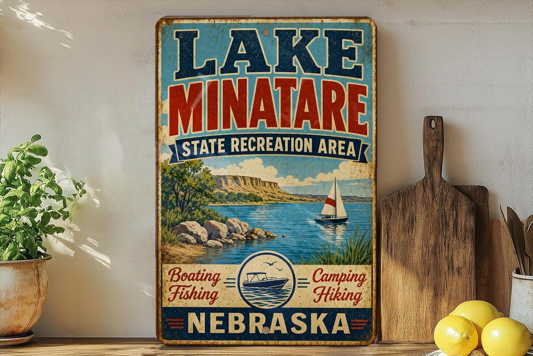 A vintage-style sign for Lake Minatare State Recreation Area in Nebraska, featuring a scenic illustration of a lake, mountains, and a sailboat.