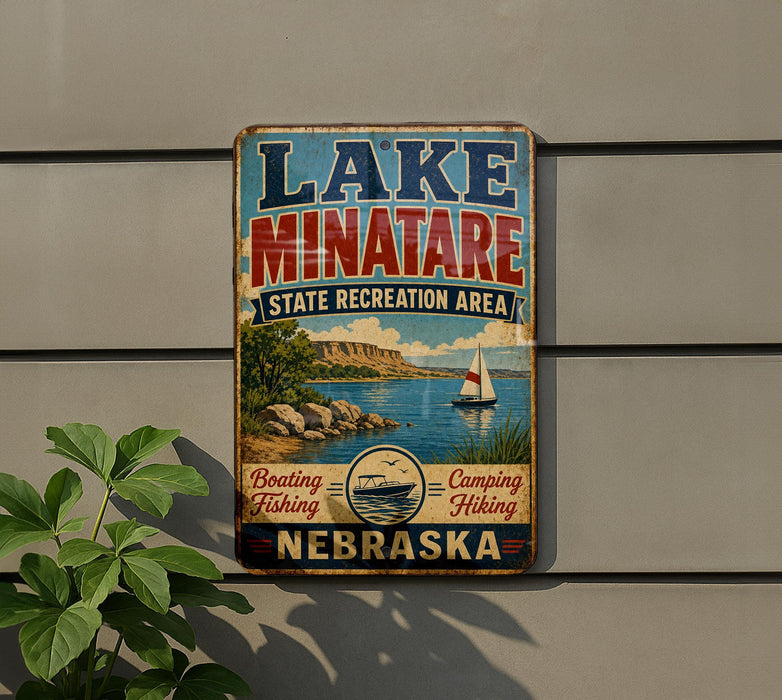 A vintage-style sign for Lake Minatare State Recreation Area in Nebraska, featuring a scenic image of a lake, mountains, and a sailboat.