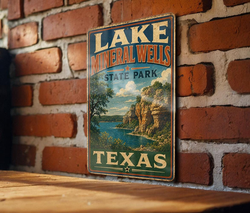 A vintage-style sign for Lake Mineral Wells State Park in Texas, featuring a scenic landscape with a lake and mountains.