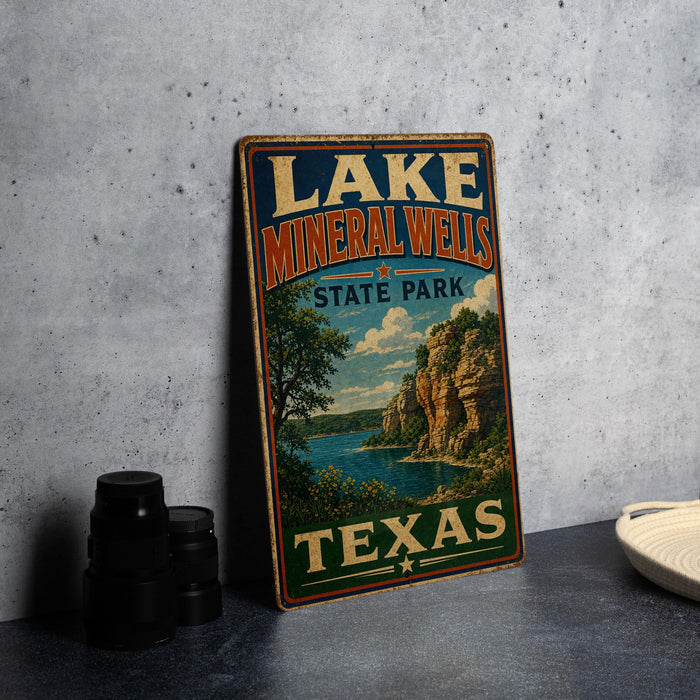 A vintage-style sign for Lake Mineral Wells State Park in Texas, featuring a scenic landscape with a lake and mountains.