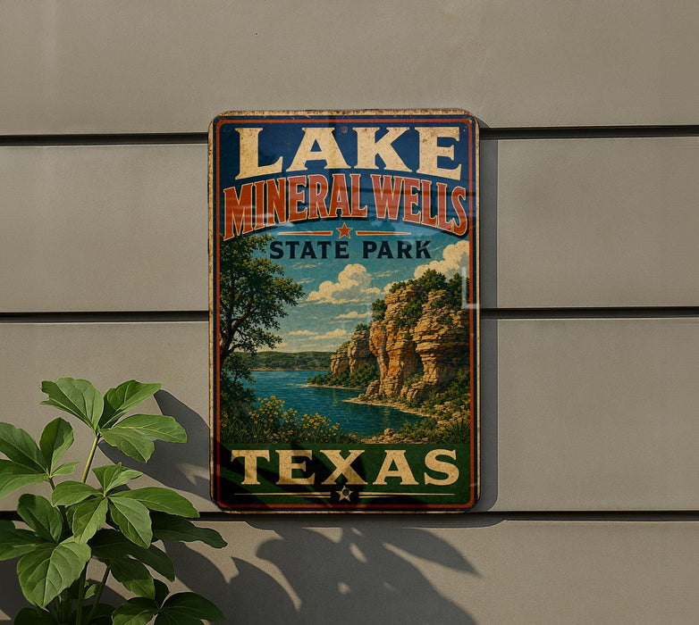 A vintage-style sign for Lake Mineral Wells State Park in Texas, featuring a scenic landscape with a lake, cliffs, and trees.