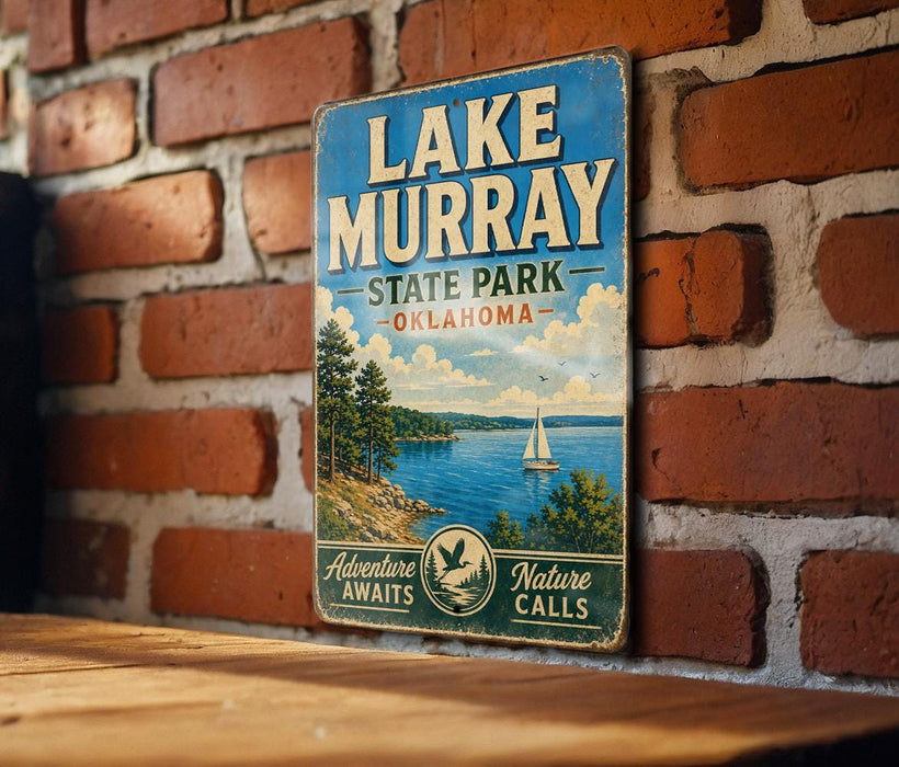 A vintage metal sign for Lake Murray State Park in Oklahoma, featuring a scenic illustration of a lake, trees, and a sailboat.