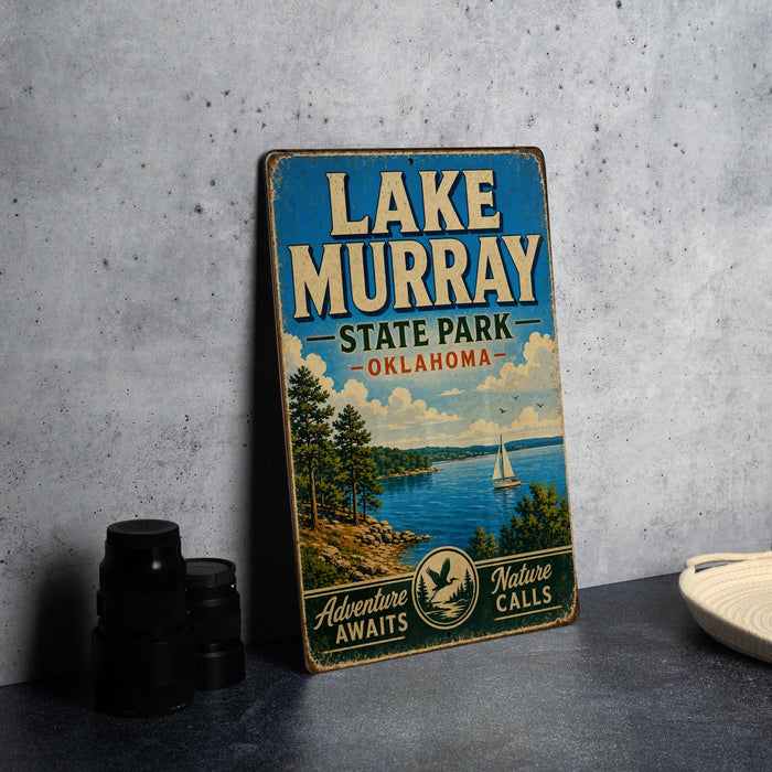 A vintage-style sign for Lake Murray State Park in Oklahoma, featuring a scenic image of the lake and surrounding landscape.