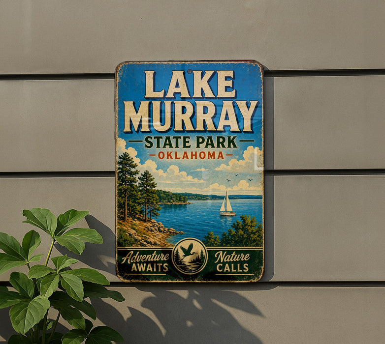 A vintage-style metal sign for Lake Murray State Park in Oklahoma, featuring a scenic landscape with a sailboat on the lake.