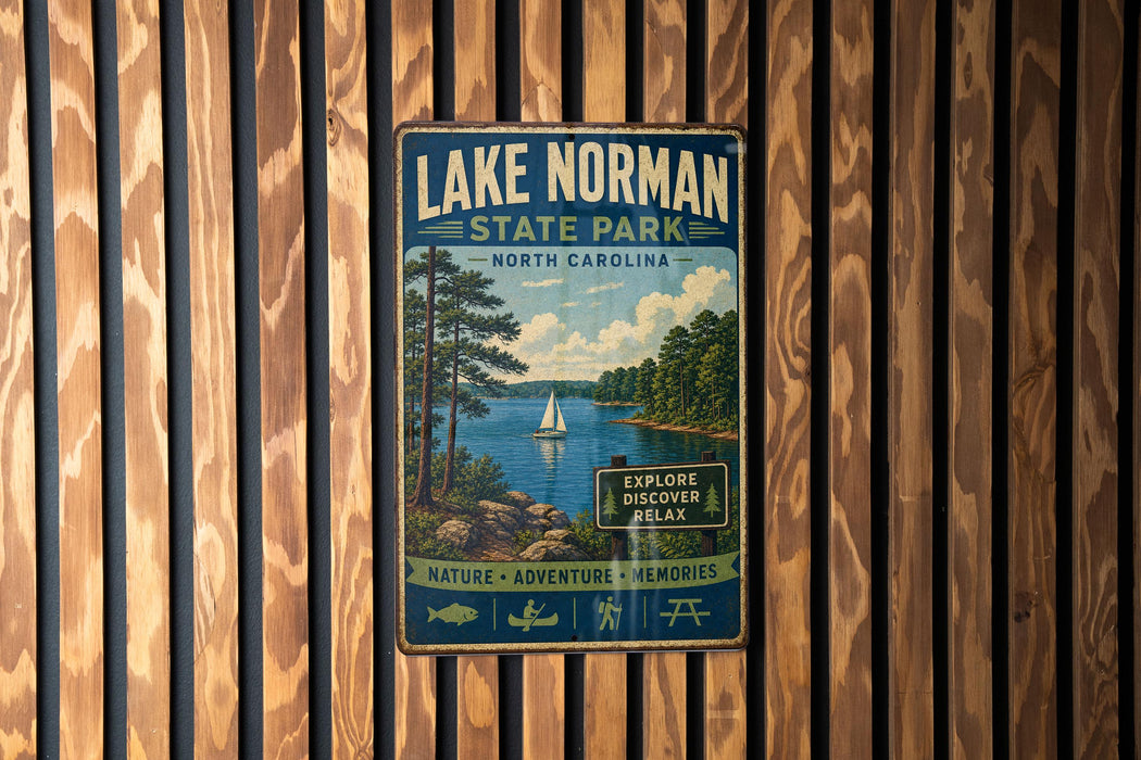 A vintage-style metal sign for Lake Norman State Park in North Carolina, featuring a scenic image of a lake, pine trees, and a sailboat.