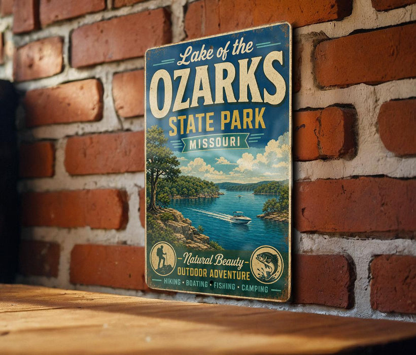 A vintage-style sign for Lake of the Ozarks State Park in Missouri, featuring a scenic illustration of the lake and surrounding landscape.