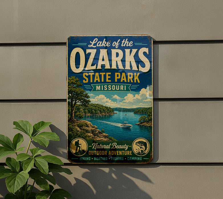 A vintage-style sign for Lake of the Ozarks State Park in Missouri, featuring a scenic landscape with a lake, mountains, and a boat.