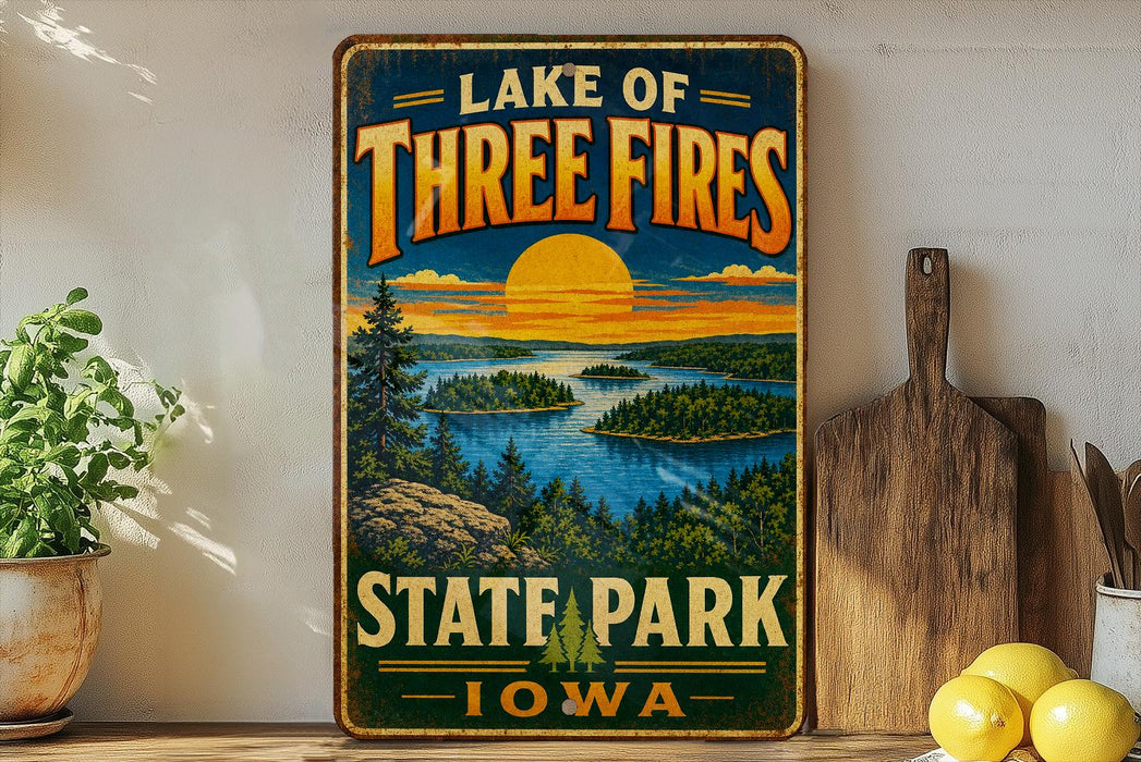 A vintage-style sign for Lake of Three Fires State Park in Iowa, featuring a scenic landscape with a lake, forest, and sunset.