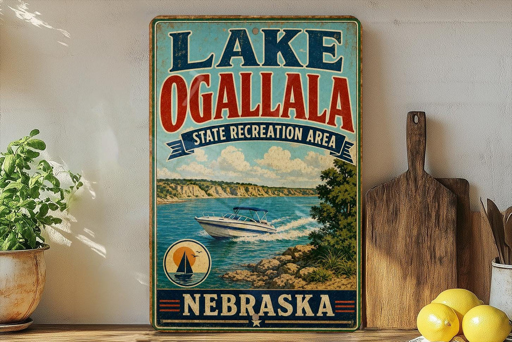 A vintage-style sign for Lake Ogallala, a state recreation area in Nebraska, featuring a boat on the water and a scenic landscape.