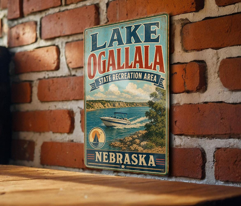 A vintage-style sign for Lake Ogallala, a state recreation area in Nebraska, featuring a scenic image of a boat on the lake.