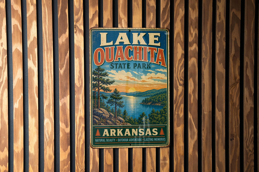 A vintage metal sign for Lake Ouachita State Park in Arkansas, featuring a scenic landscape with pine trees, a lake, and mountains.