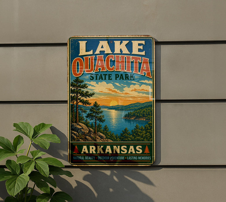 A vintage-style sign for Lake Ouchita State Park in Arkansas, featuring a scenic landscape with a lake, mountains, and trees.