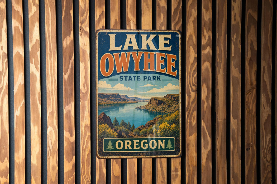 A vintage-style metal sign for Lake Owyhee State Park in Oregon, featuring a scenic landscape with mountains, water, and greenery.