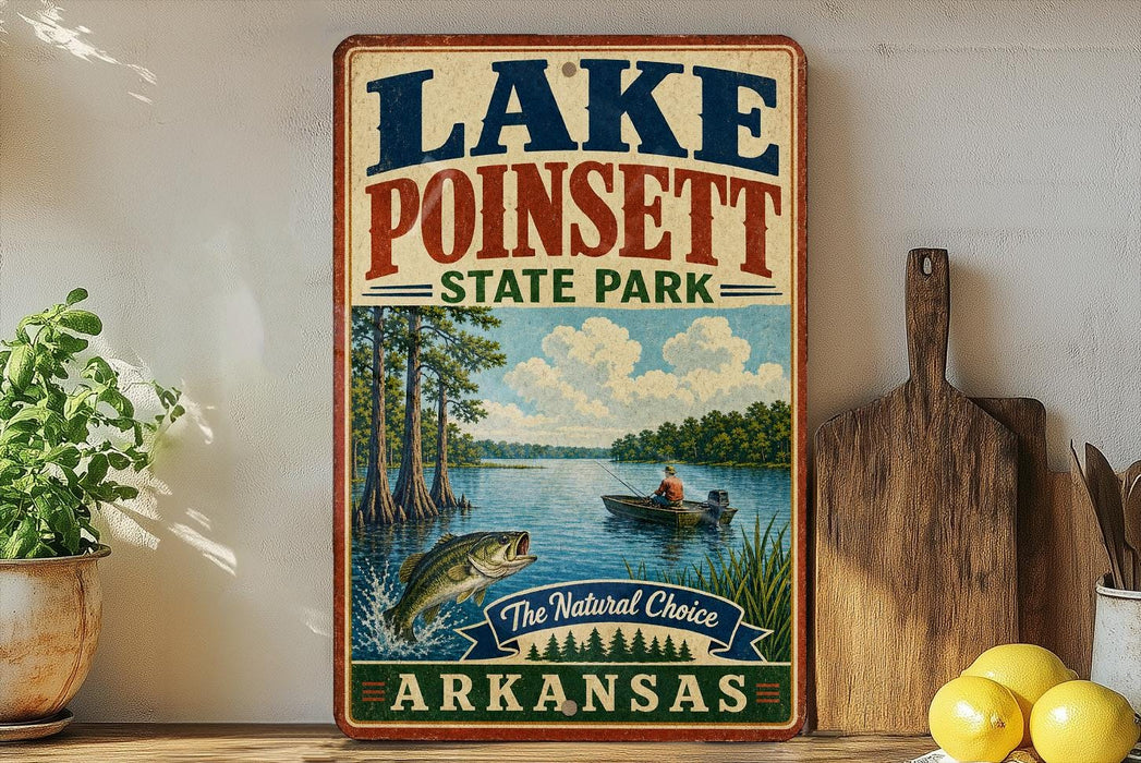 A vintage-style sign for Lake Poinsett State Park in Arkansas, featuring an illustration of a lake, trees, and a person fishing.