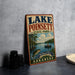A vintage-style sign for Lake Poinsett State Park in Arkansas, featuring an illustration of a lake, trees, and a person fishing.