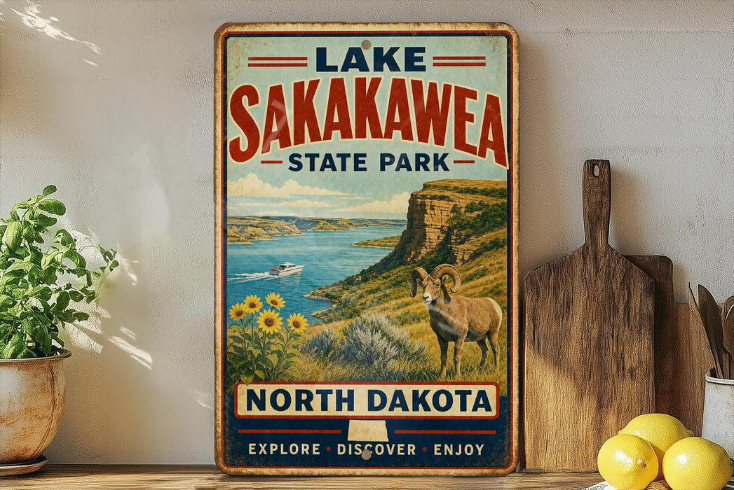 A vintage-style sign for Lake Sakakawea State Park in North Dakota, featuring a scenic landscape with a goat, sunflowers, and a body of water.
