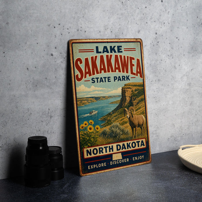 A vintage-style sign for Lake Sakakawea State Park, featuring a scenic landscape with a river, mountains, and a bighorn sheep.