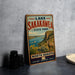 A vintage-style sign for Lake Sakakawea State Park, featuring a scenic landscape with a river, mountains, and a bighorn sheep.