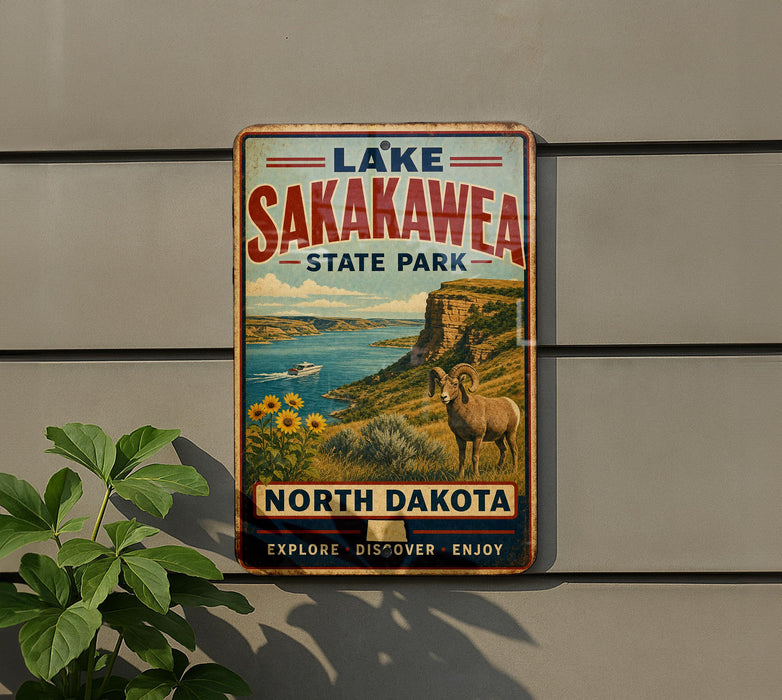 A vintage-style metal sign for Lake Sakakawea State Park in North Dakota, featuring a scenic landscape with a goat, sunflowers, and a body of water.
