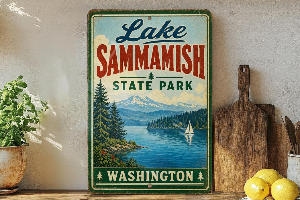 A vintage-style sign for Lake Sammish State Park in Washington, featuring a scenic landscape with a lake, mountains, and a sailboat.