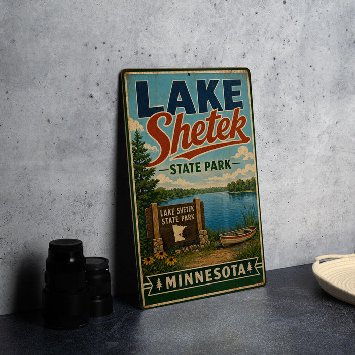 A vintage-style sign for Lake Shetek State Park in Minnesota, featuring a scenic illustration of the park and its surroundings.