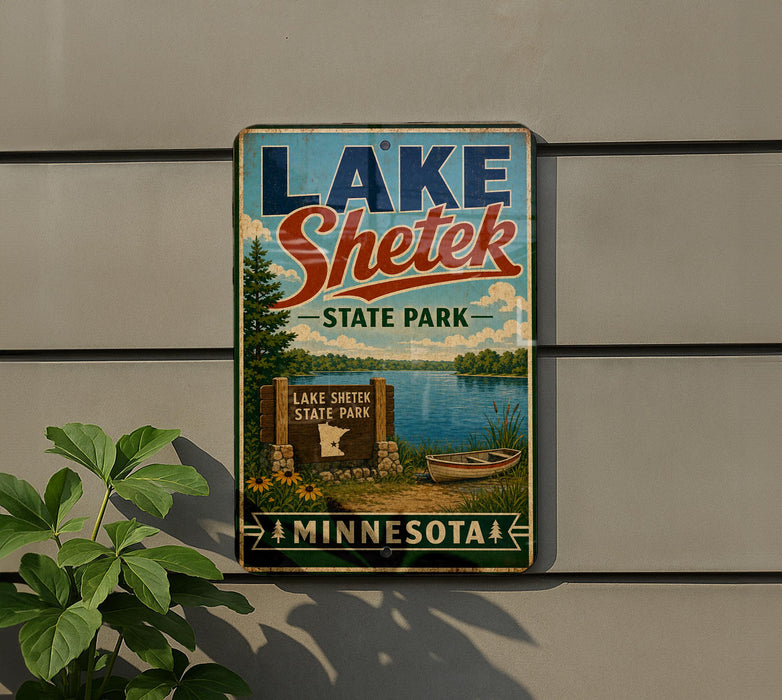 A vintage-style sign for Lake Shetek State Park in Minnesota, featuring a scenic illustration of the park's lake and surrounding landscape.