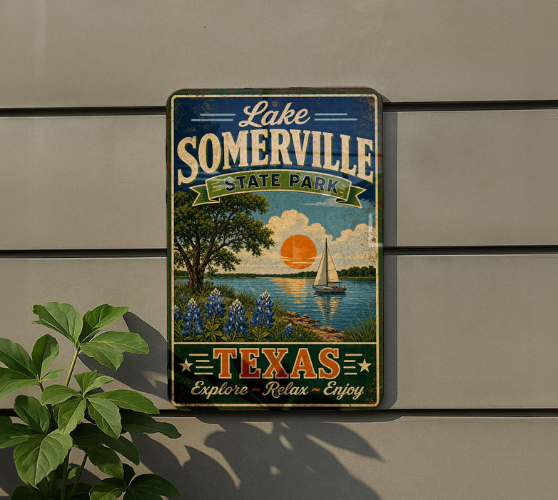 A vintage-style sign for Lake Somerville State Park in Texas, featuring a scenic landscape with a lake, trees, and a sailboat.