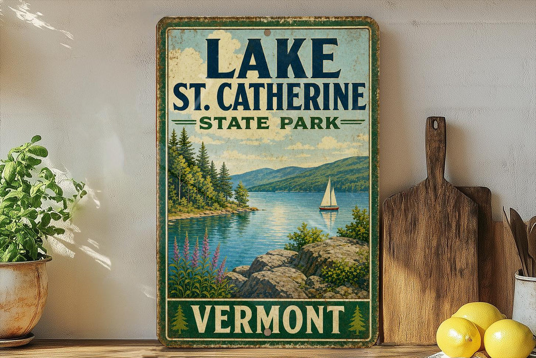 A vintage-style sign for Lake St. Catherine State Park in Vermont, featuring a scenic landscape with a lake, mountains, and a sailboat.