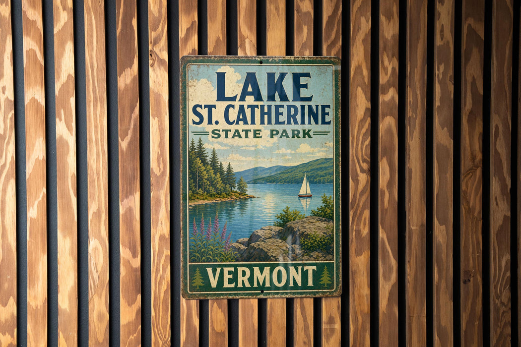 A vintage metal sign for Lake St. Catherine State Park in Vermont, featuring a scenic landscape with a lake, mountains, and a sailboat.