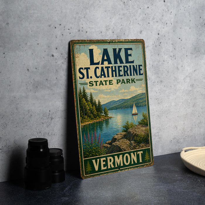 A vintage-style sign for Lake St. Catherine State Park in Vermont, featuring a scenic landscape with a lake, mountains, and a sailboat.