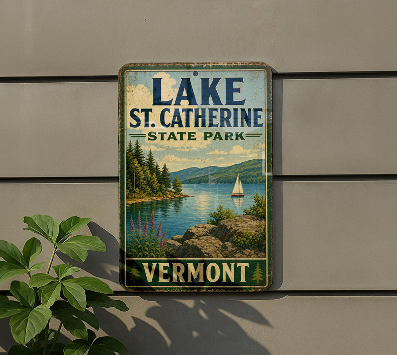 A vintage-style sign for Lake St. Catherine State Park in Vermont, featuring a scenic landscape with a lake, mountains, and a sailboat.
