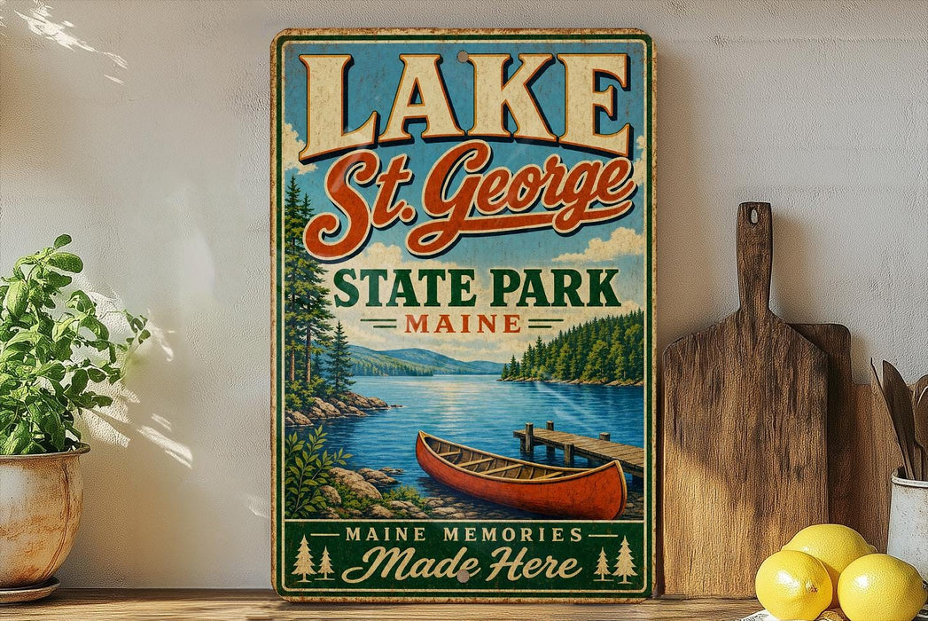 A vintage-style sign for Lake St. George State Park in Maine, featuring a scenic illustration of a lake, mountains, and a canoe.