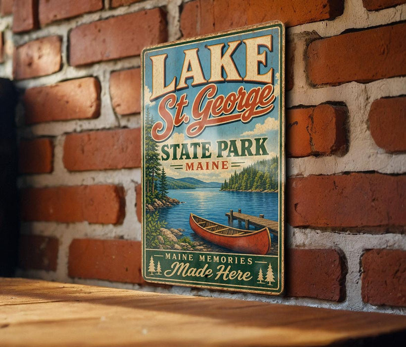 A vintage-style metal sign for Lake St. George, Maine, featuring a scenic illustration of a lake, canoe, and mountains.