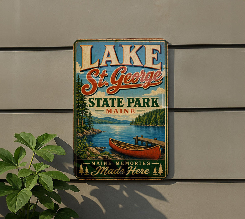 A vintage metal sign for Lake St. George State Park in Maine, featuring a scenic image of a lake with a canoe and mountains in the background.