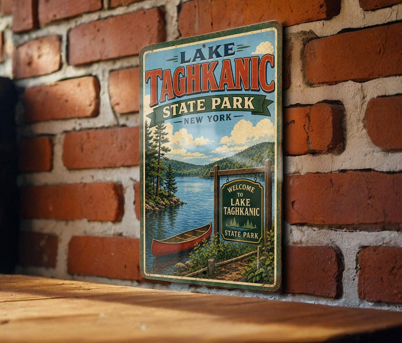 A vintage-style metal sign for Lake Tachkanic State Park in New York, featuring a scenic illustration of a lake, trees, and a canoe.