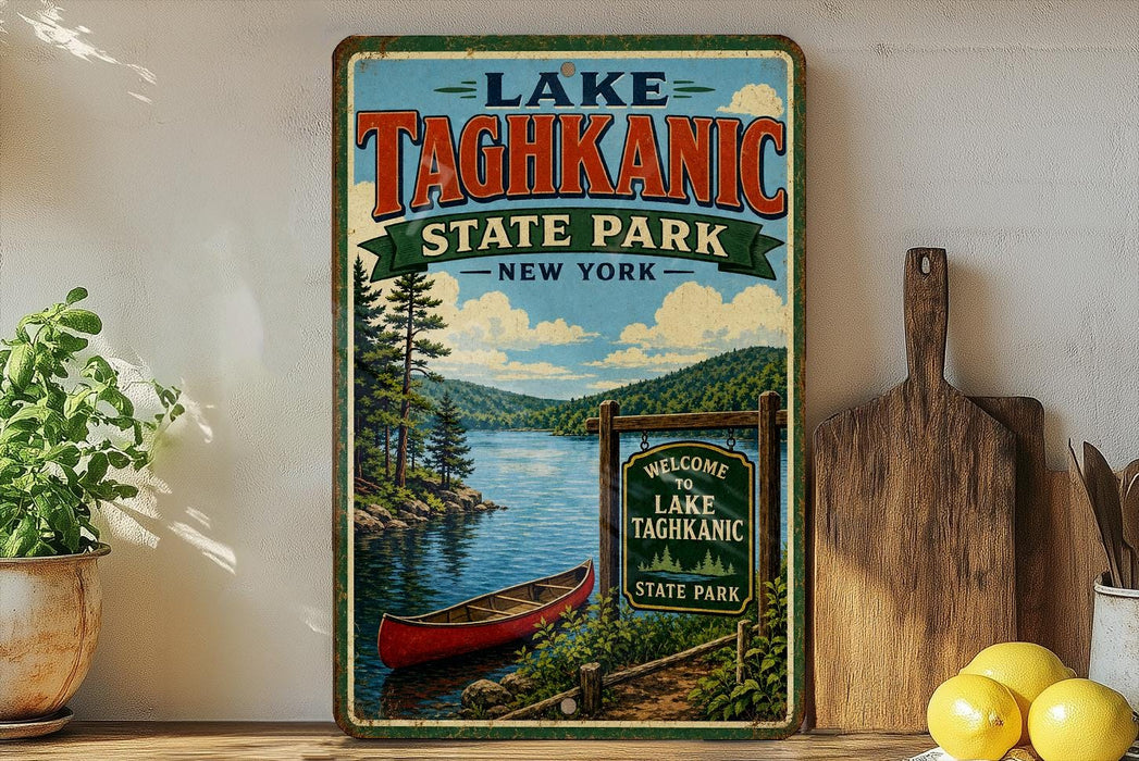A vintage-style sign for Lake Taghkanic State Park in New York, featuring a scenic image of a lake, pine trees, and a red canoe.