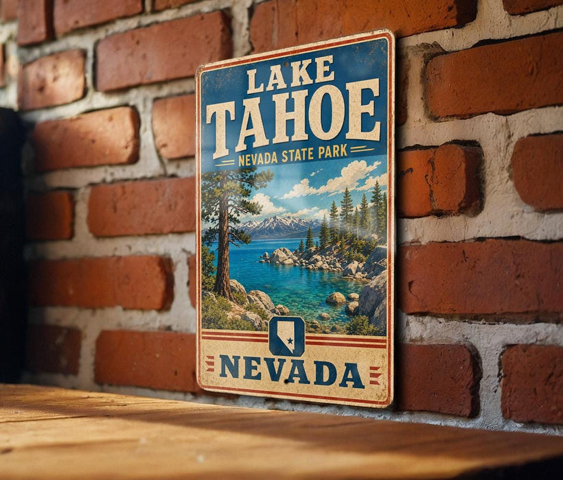 A vintage-style sign for Lake Tahoe, Nevada State Park, mounted on a brick wall.