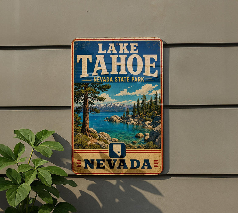 A vintage-style sign for Lake Tahoe, Nevada State Park, featuring a scenic landscape with mountains, pine trees, and a lake.