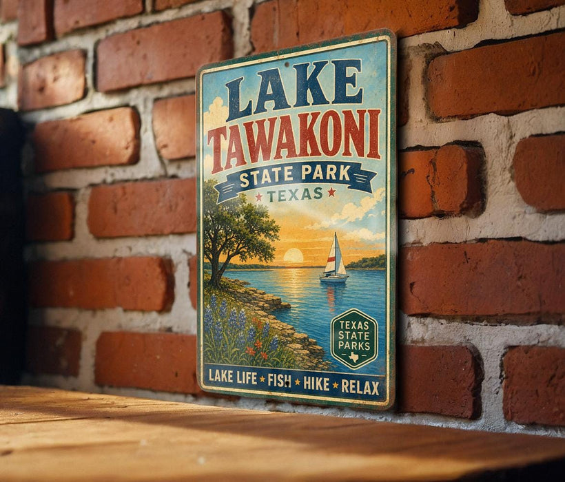 A vintage-style sign for Lake Tawakoni State Park in Texas, featuring a scenic illustration of a lake, a sailboat, and a sunset.