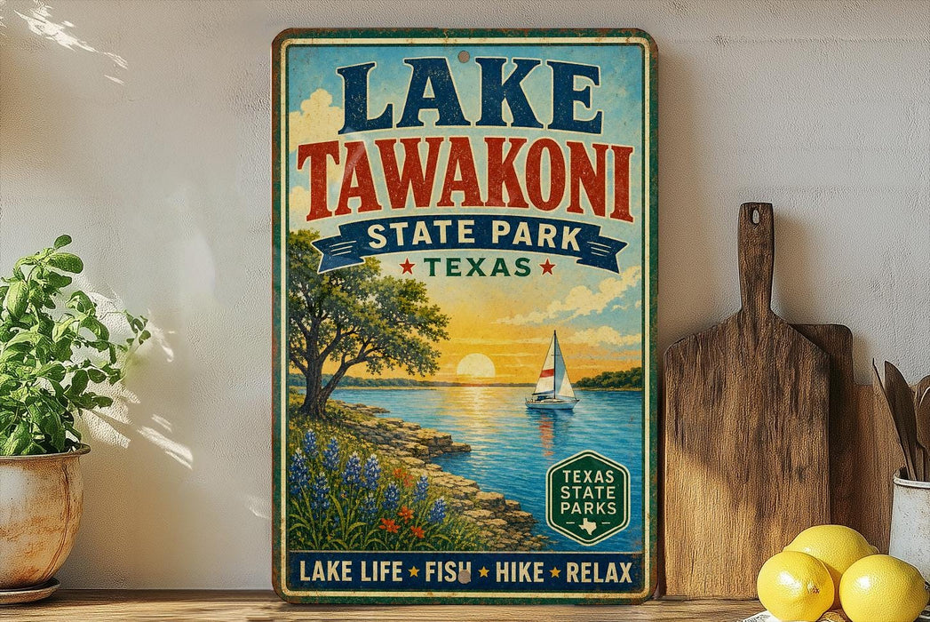 A vintage-style sign for Lake Tawakoni State Park in Texas, featuring a scenic illustration of a lake, trees, and a sailboat.