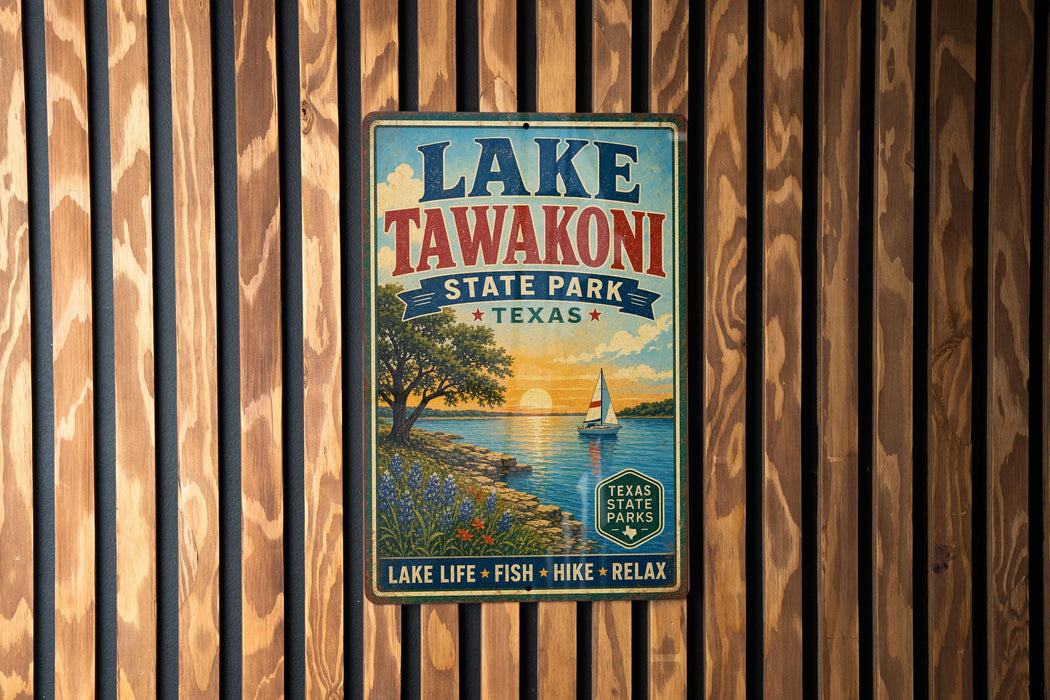 A vintage-style metal sign for Lake Tawakoni State Park in Texas, featuring a scenic illustration of a lake, trees, and a sailboat.