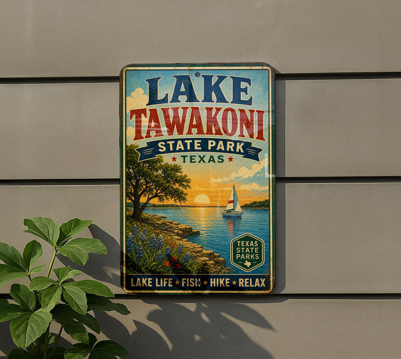 A vintage-style sign for Lake Tawakoni State Park in Texas, featuring a scenic illustration of a lake, sailboat, and sunset.