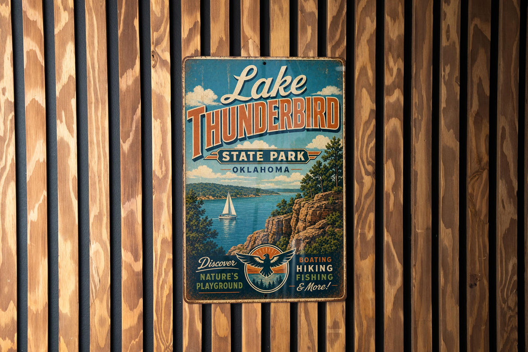 A vintage metal sign for Lake Thunderbird State Park in Oklahoma, featuring a scenic illustration of the park's natural landscape.